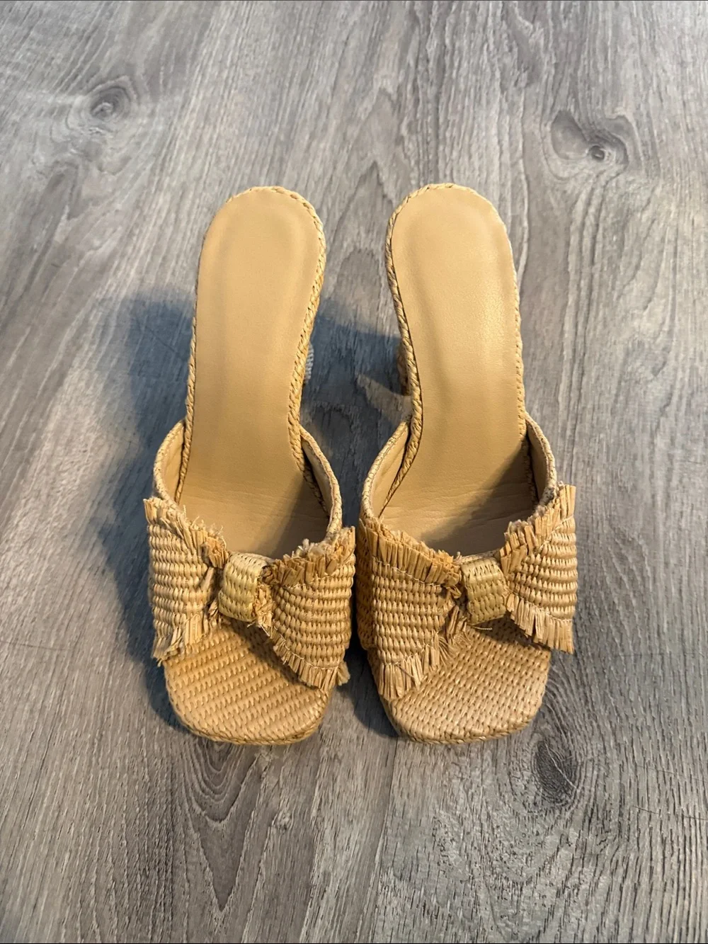 Woven Open-Toe Heeled Mules in Natural Tan boho straw bow summer 9 - Picture 2 of 4